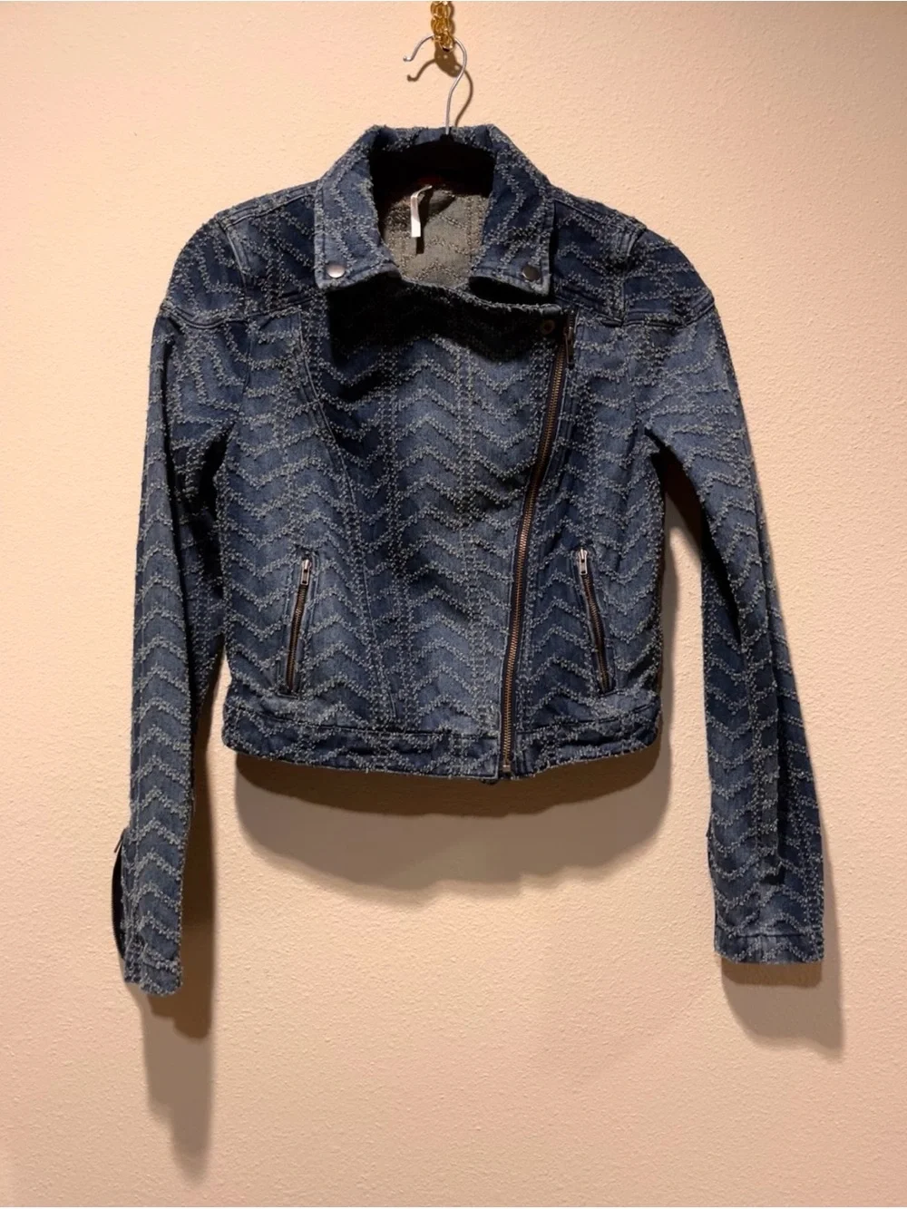 Free People Blue Chevron Denim Moto Jacket - Picture 4 of 11
